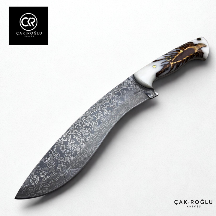 Çakıroğlu Handcrafted Damascus Kukri Model Machete with Pine Cone Epoxy Handle
