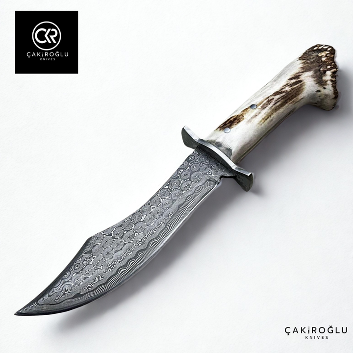 Çakıroğlu Handcrafted Custom-made Damascus Bowie - Root Stag Horn & Damascus Steel