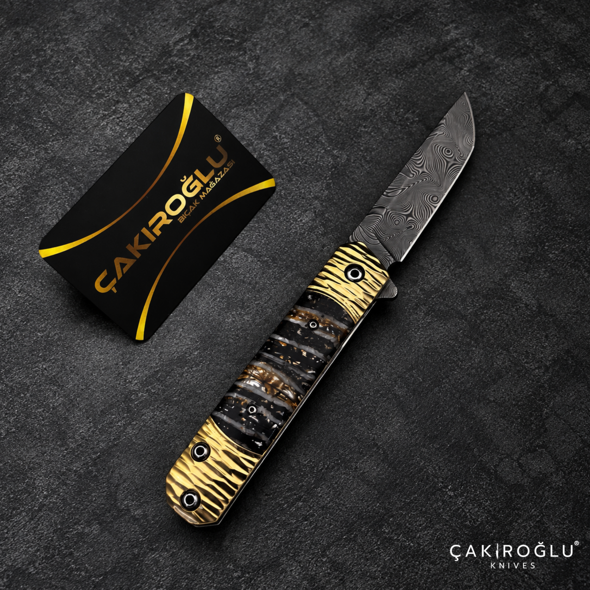 Limited Edition Stainless Damascus Steel Folding Knife with Mammoth Tusk Handle