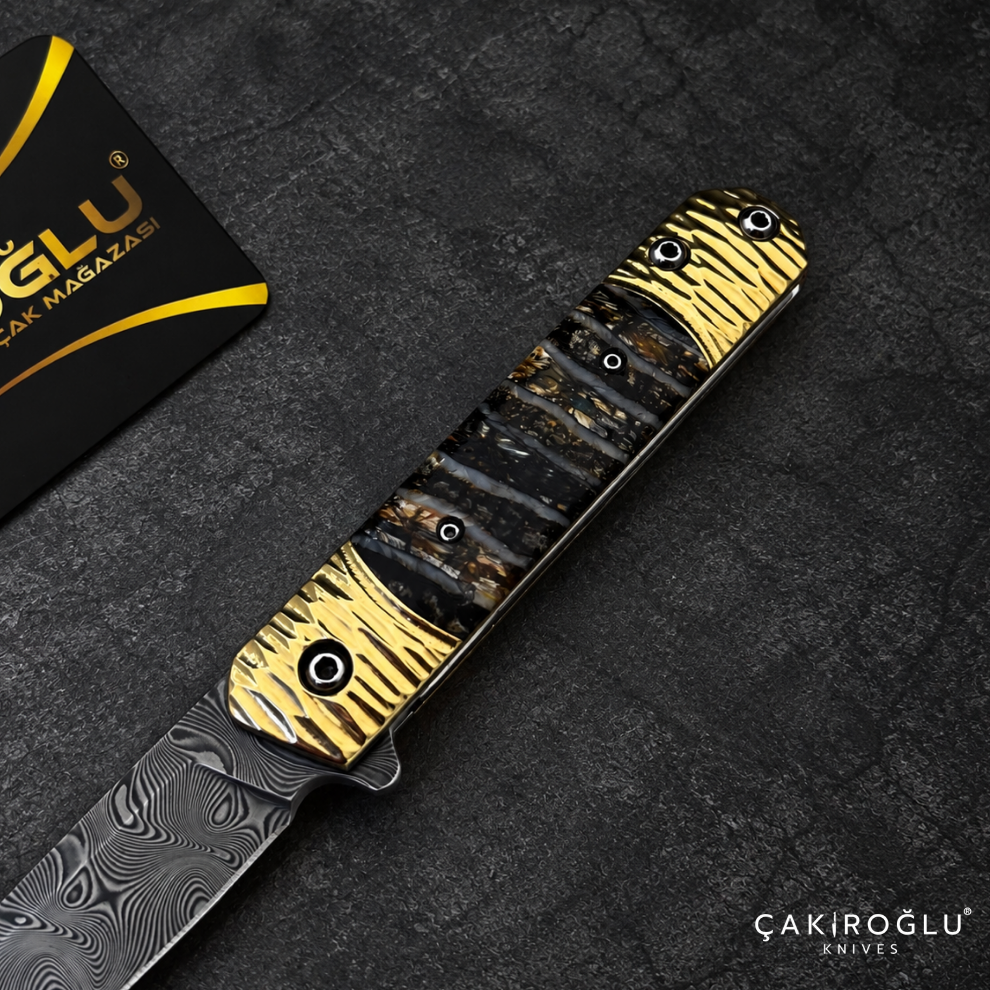 Limited Edition Stainless Damascus Steel Folding Knife with Mammoth Tusk Handle