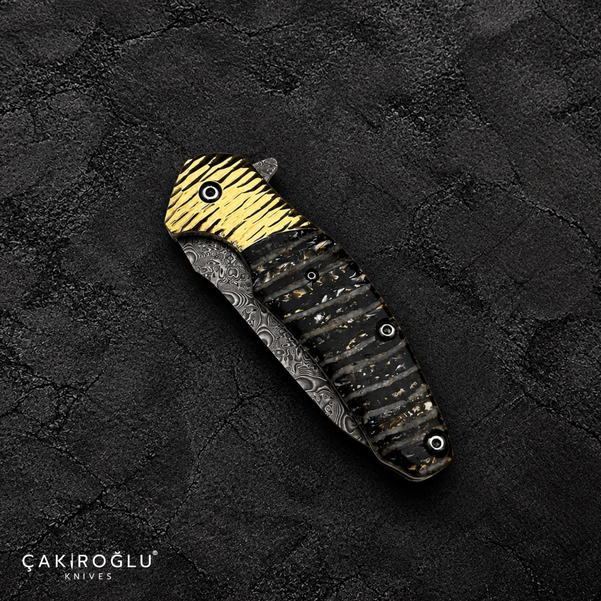 Limited Edition Stainless Damascus Steel Folding Knife with Mammoth Tusk Handle