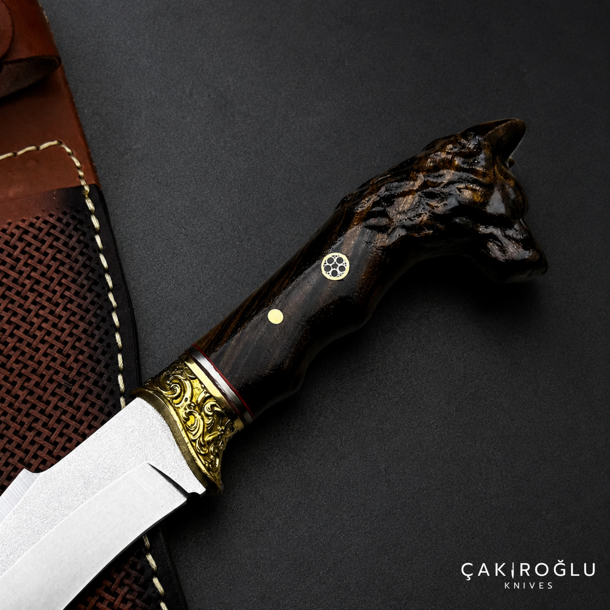 Wolf Head Custom Handmade Hunting Knife with Sheath, 4116 Stainless Steel