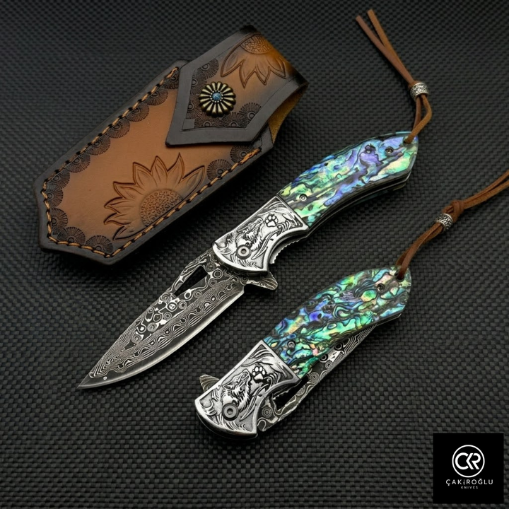 Damascus Steel Folding Knife with Mica Handle
