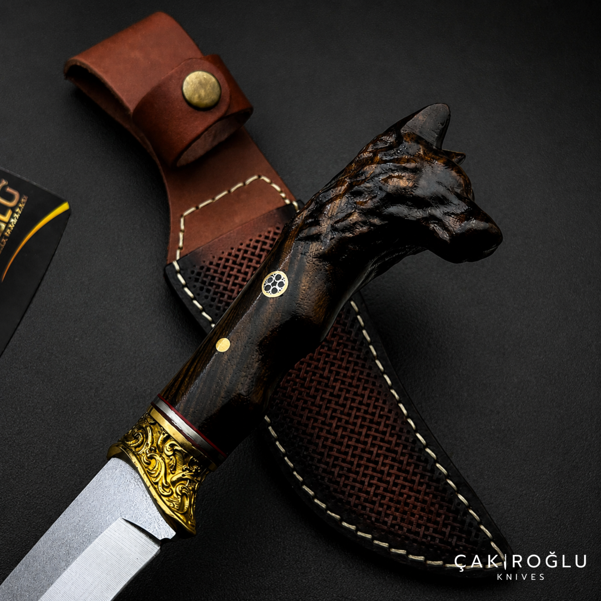 Wolf Head Custom Handmade Hunting Knife with Sheath, 4116 Stainless Steel