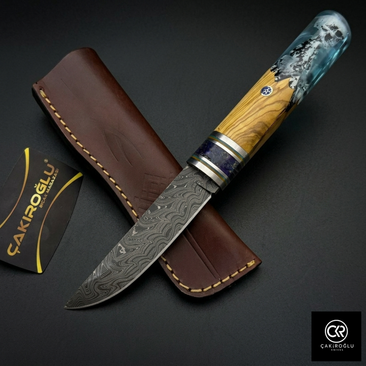Handcrafted Damascus Steel Custom Pukko Knife - Epoxy Hybrid Handle