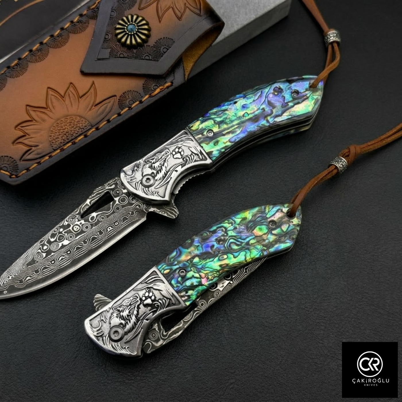 Damascus Steel Folding Knife with Mica Handle