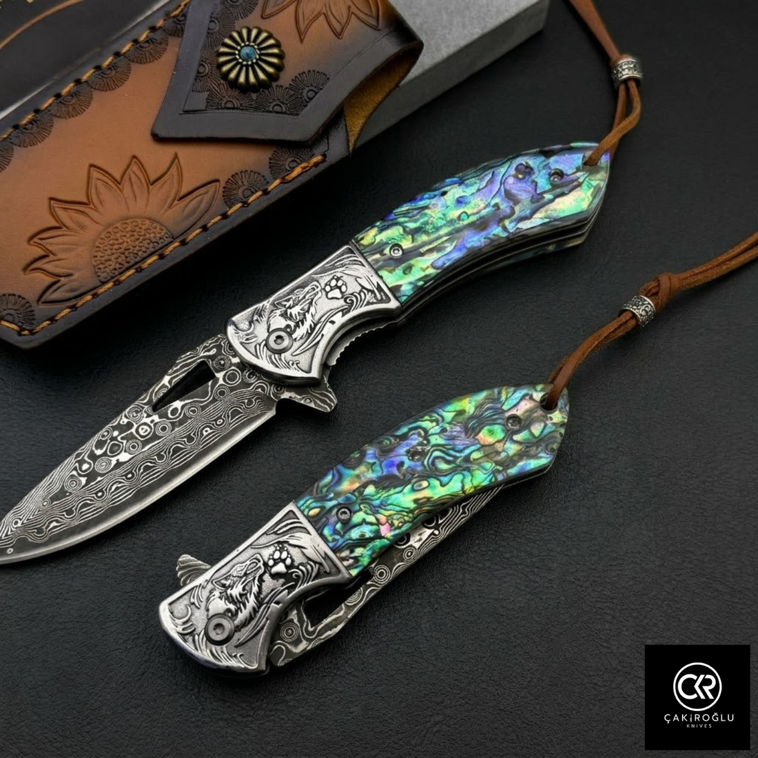Damascus Steel Folding Knife with Mica Handle
