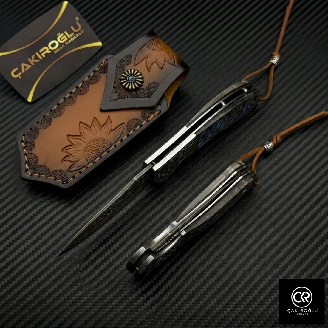 Damascus Steel Folding Knife with Mica Handle