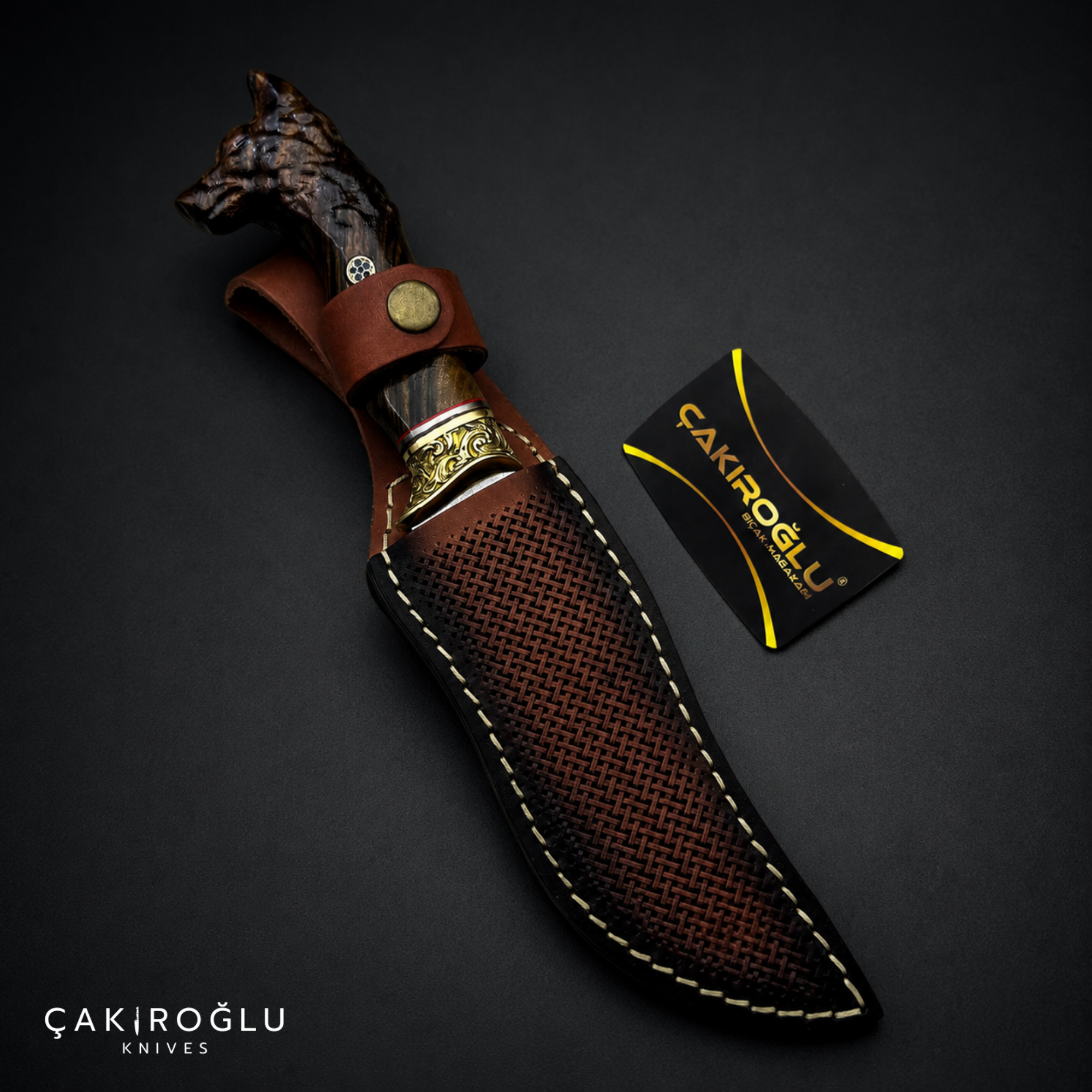 Wolf Head Custom Handmade Hunting Knife with Sheath, 4116 Stainless Steel