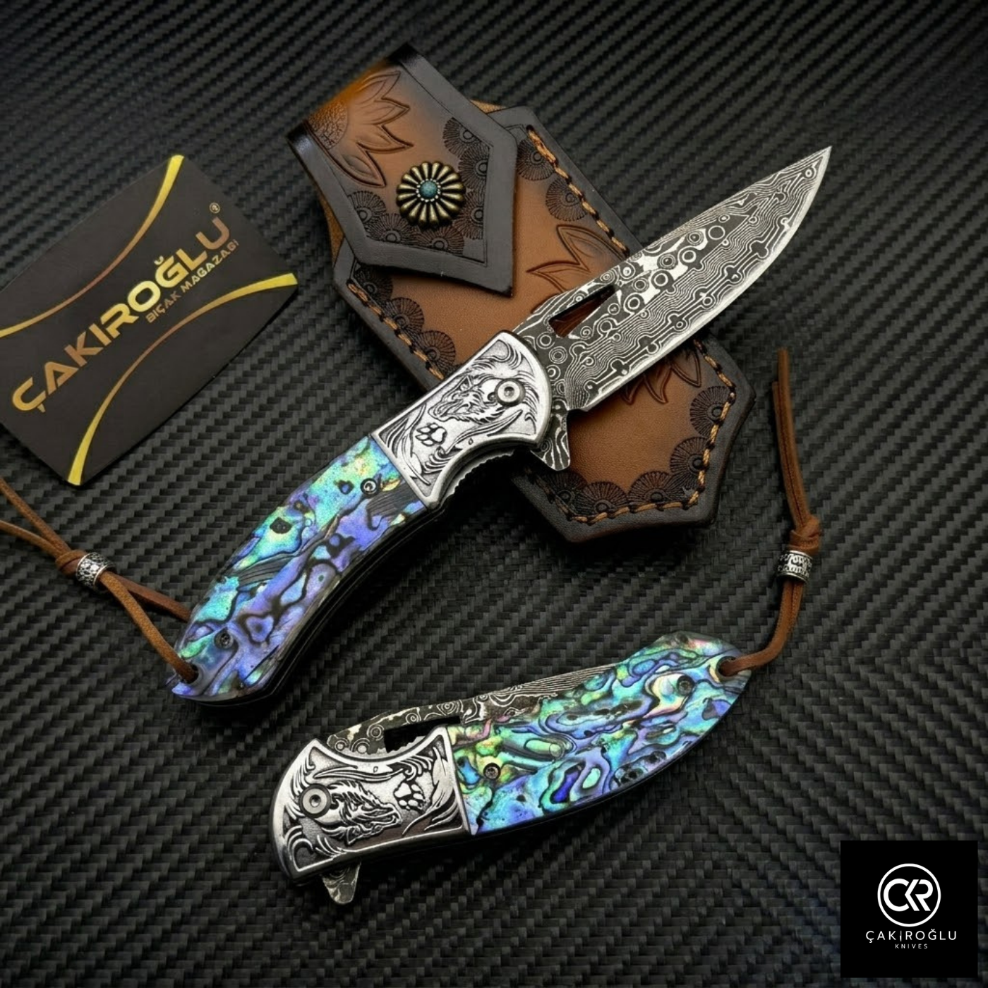 Damascus Steel Folding Knife with Mica Handle