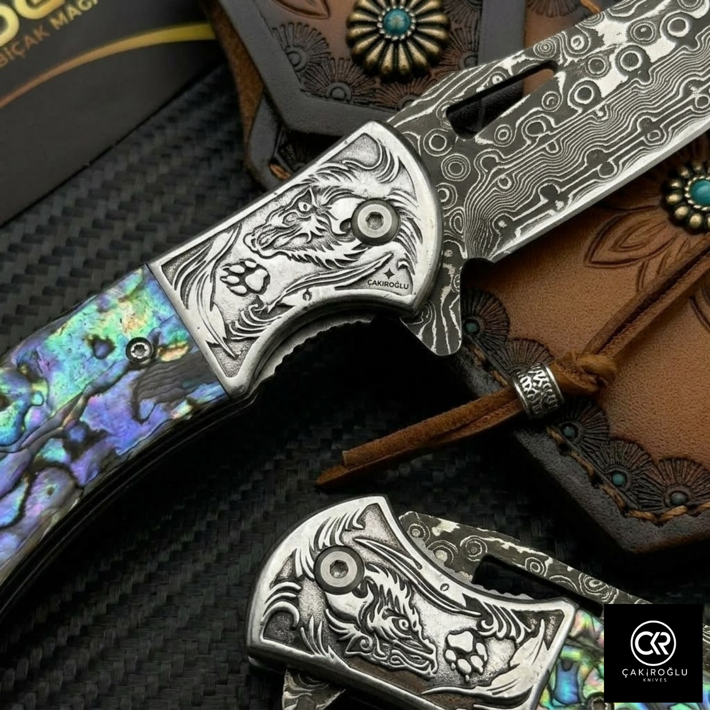 Damascus Steel Folding Knife with Mica Handle