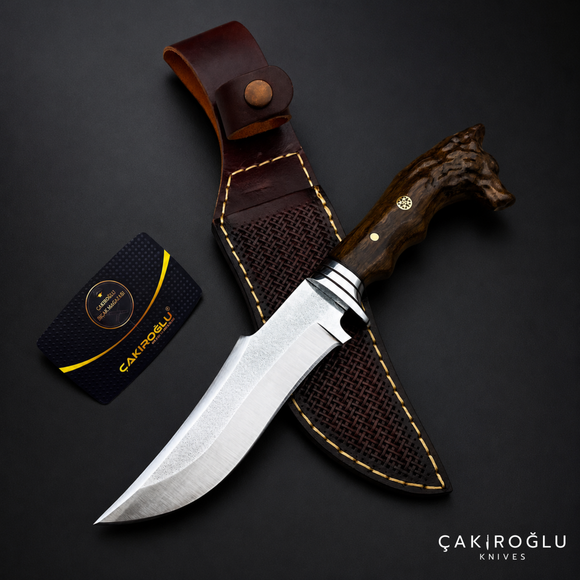 Wolf Head Custom Handmade Hunting Knife, Leather Sheath, 4116 Stainless Steel