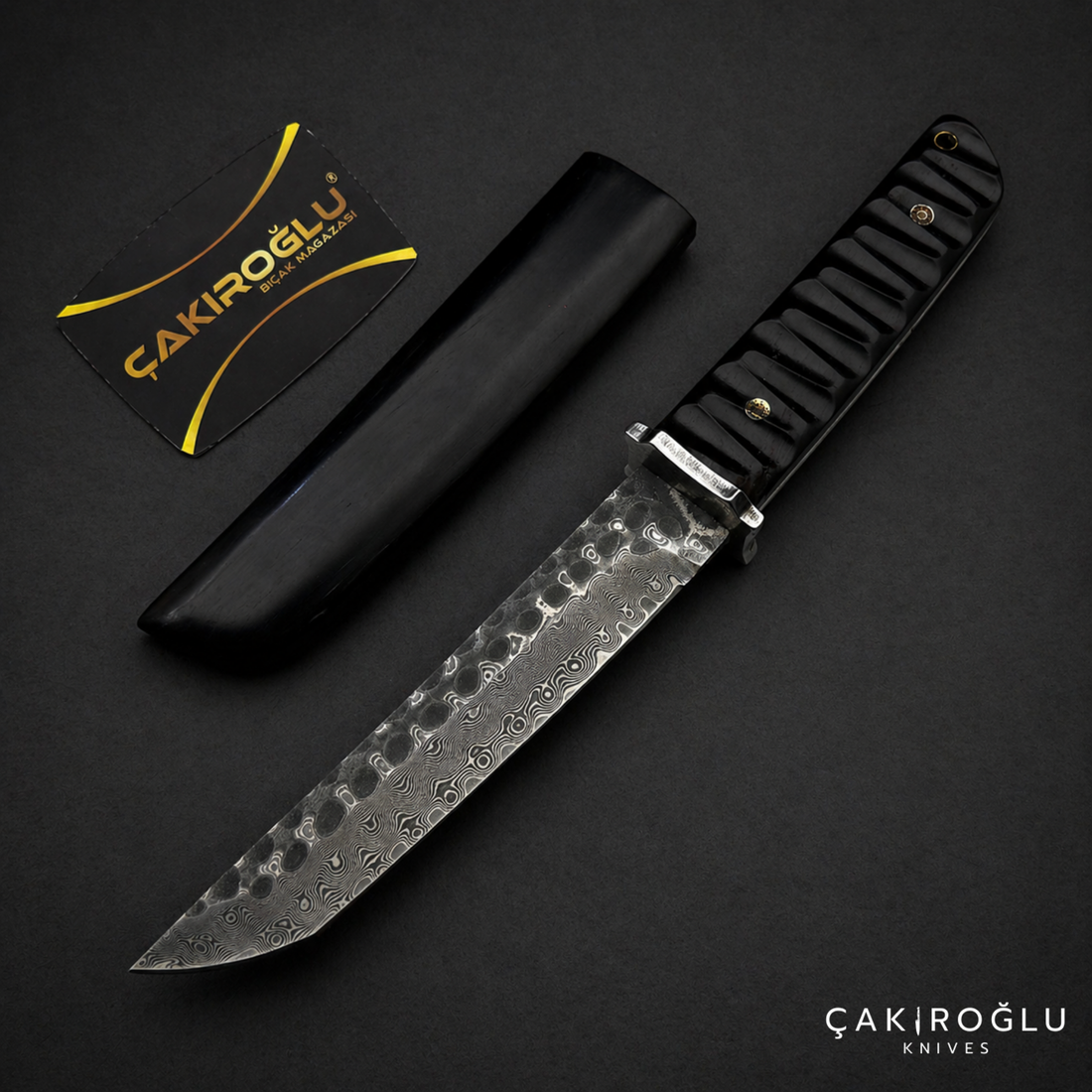 Damascus Tanto Knife - Black Wooden Sheath, Compact Handle