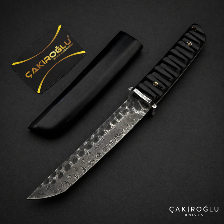 Damascus Tanto Knife - Black Wooden Sheath, Compact Handle