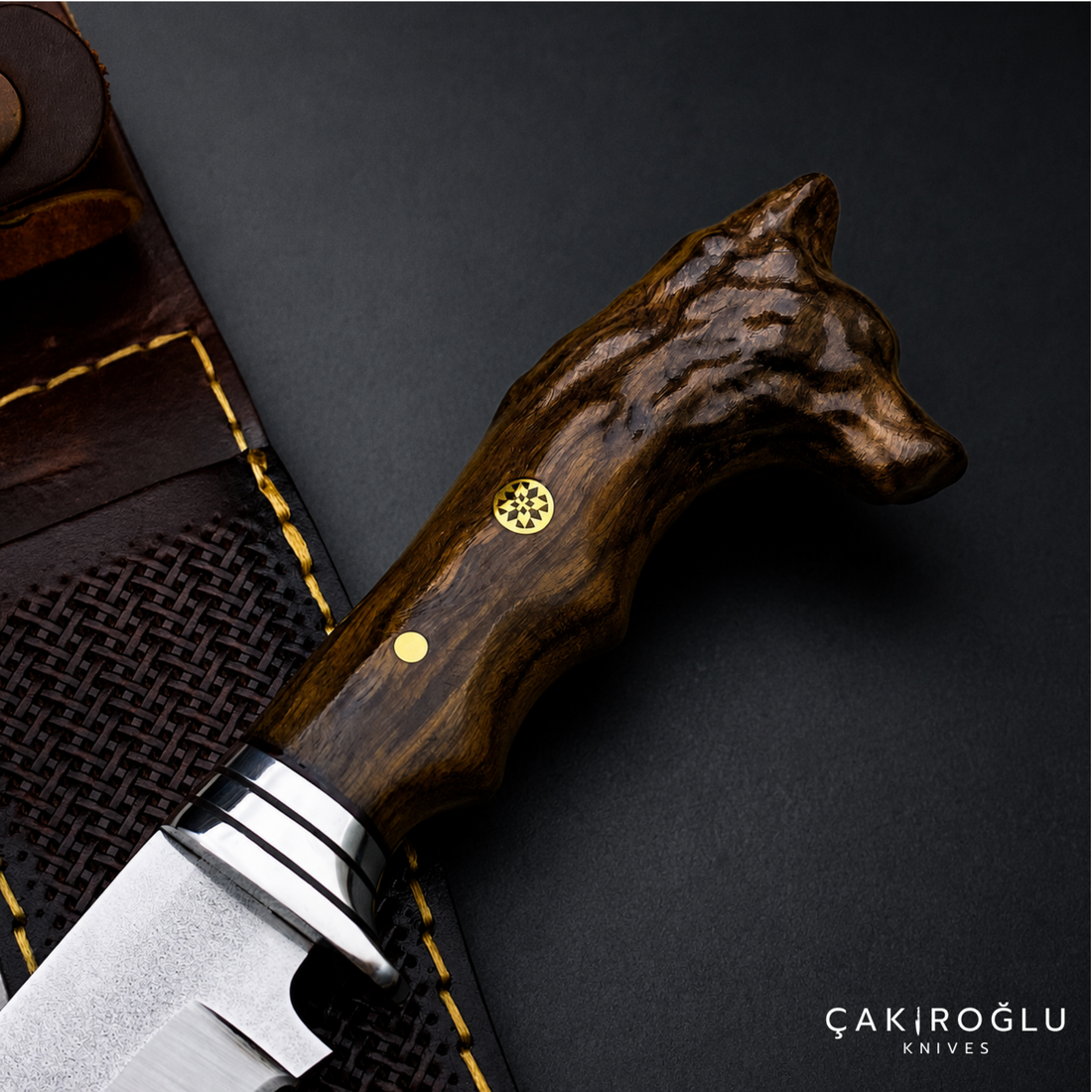 Wolf Head Custom Handmade Hunting Knife, Leather Sheath, 4116 Stainless Steel