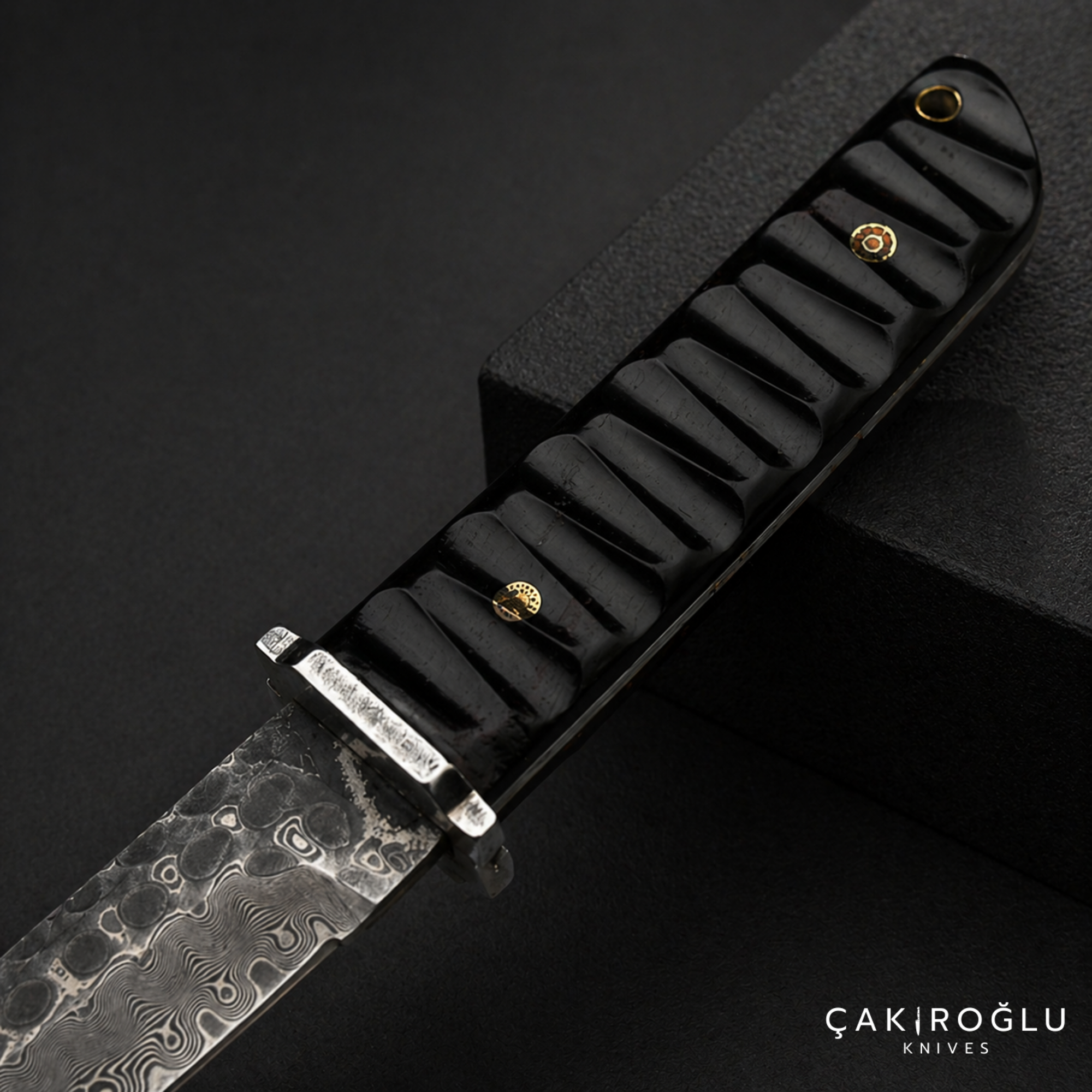 Damascus Tanto Knife - Black Wooden Sheath, Compact Handle