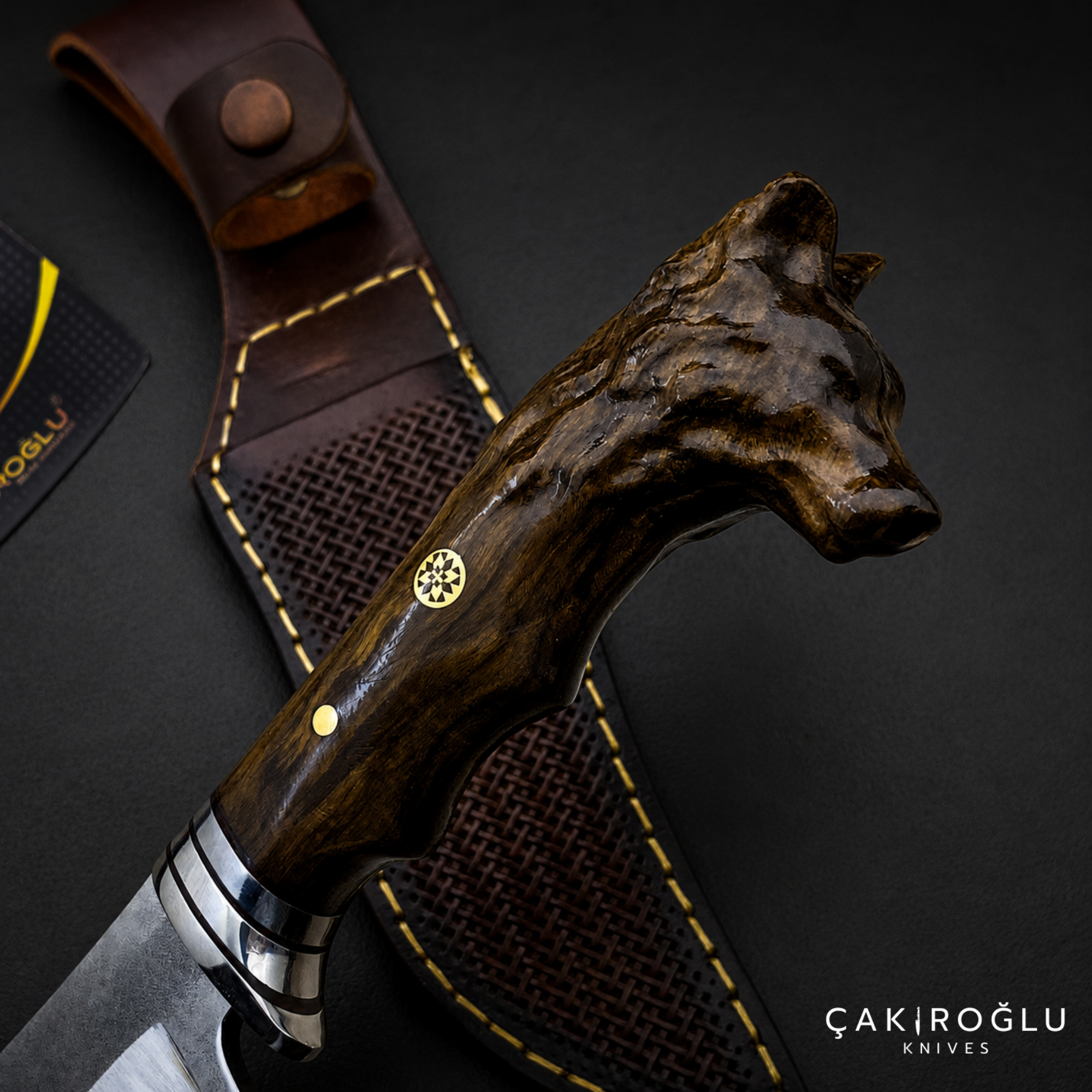 Wolf Head Custom Handmade Hunting Knife, Leather Sheath, 4116 Stainless Steel