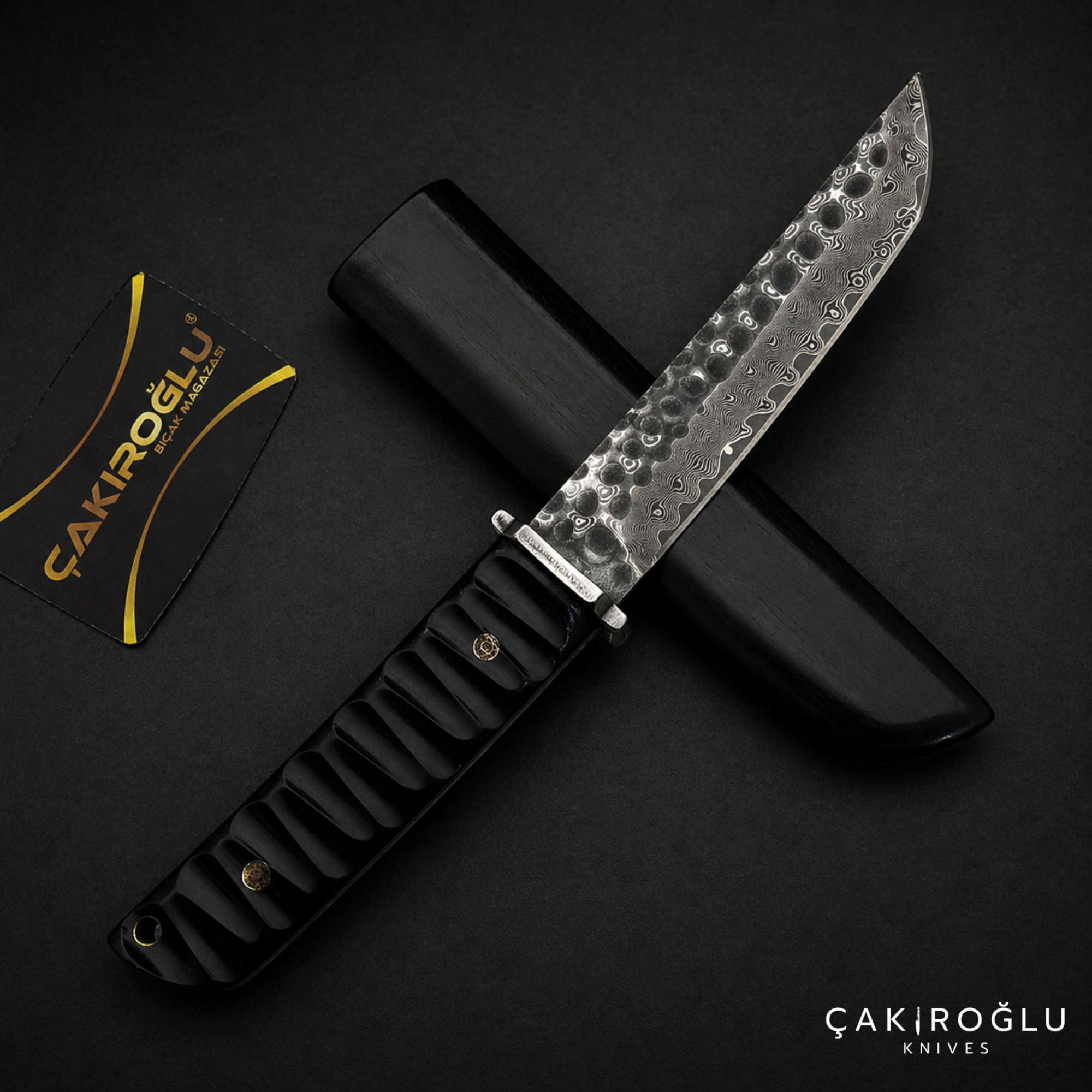 Damascus Tanto Knife - Black Wooden Sheath, Compact Handle