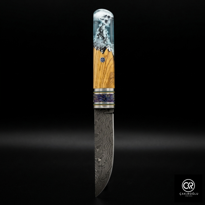Handcrafted Damascus Steel Custom Pukko Knife - Epoxy Hybrid Handle