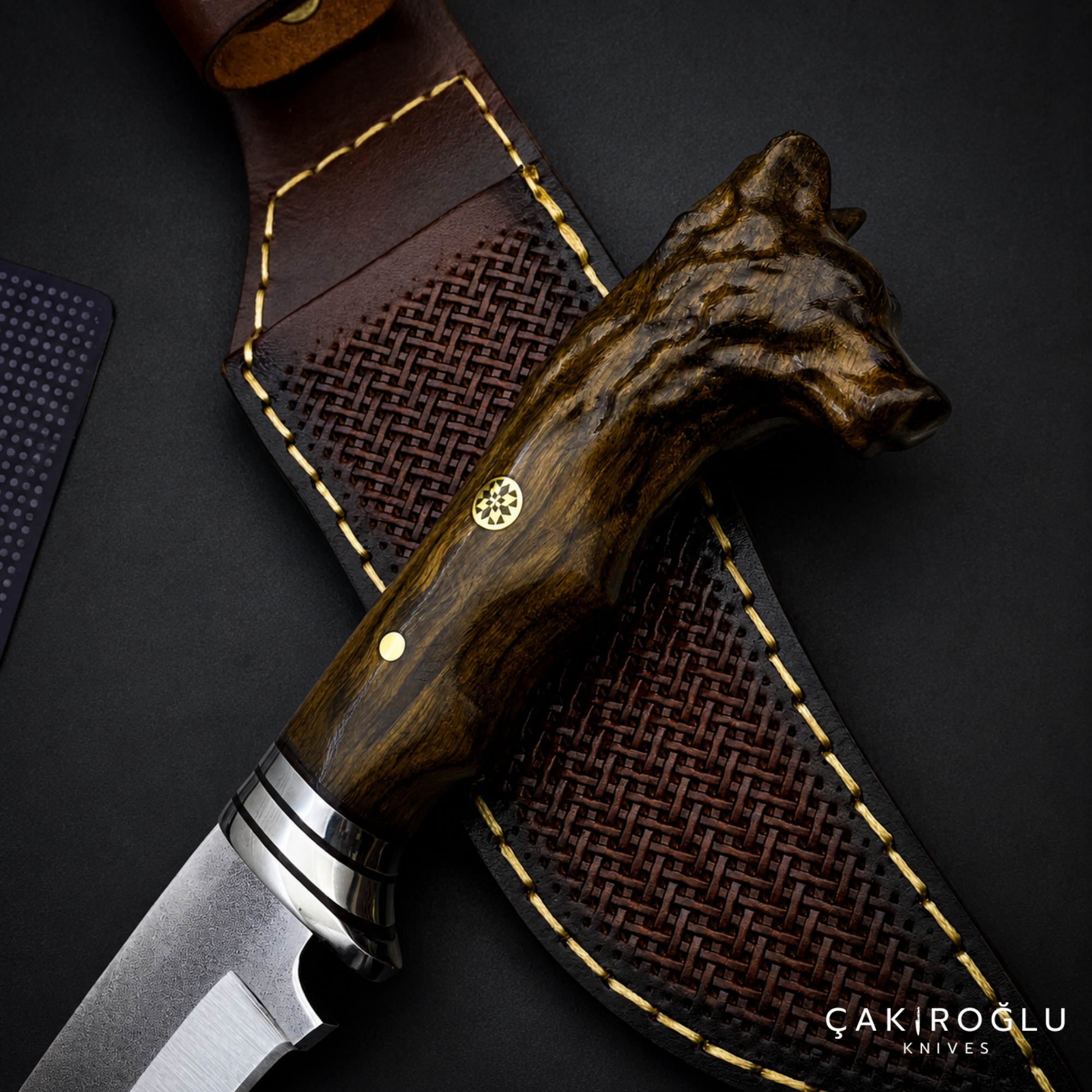 Wolf Head Custom Handmade Hunting Knife, Leather Sheath, 4116 Stainless Steel