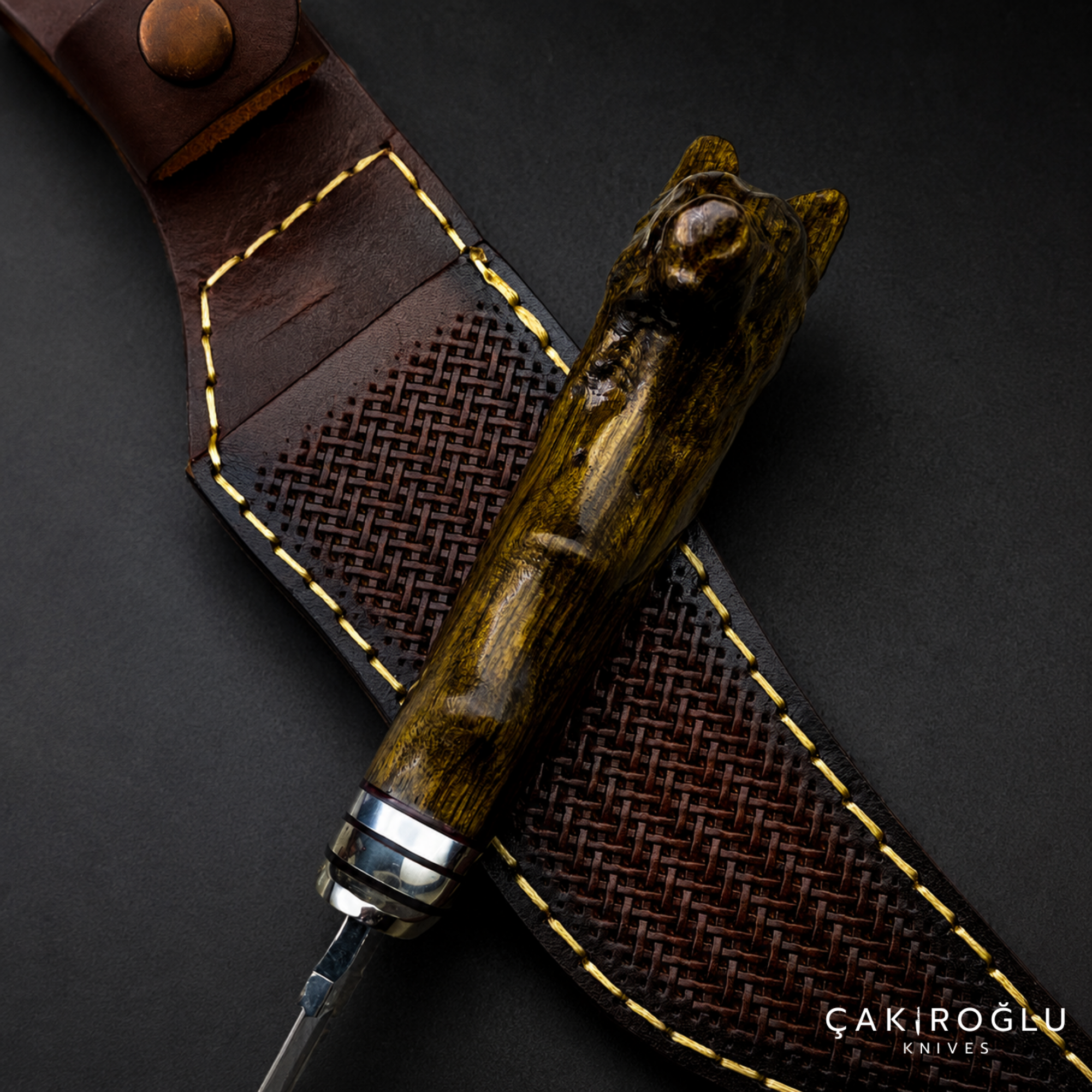 Wolf Head Custom Handmade Hunting Knife, Leather Sheath, 4116 Stainless Steel