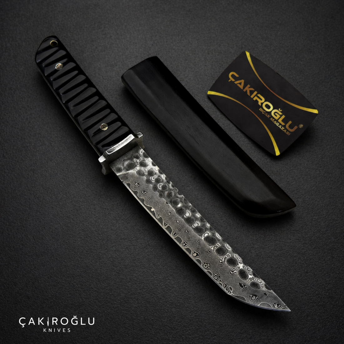Damascus Tanto Knife - Black Wooden Sheath, Compact Handle
