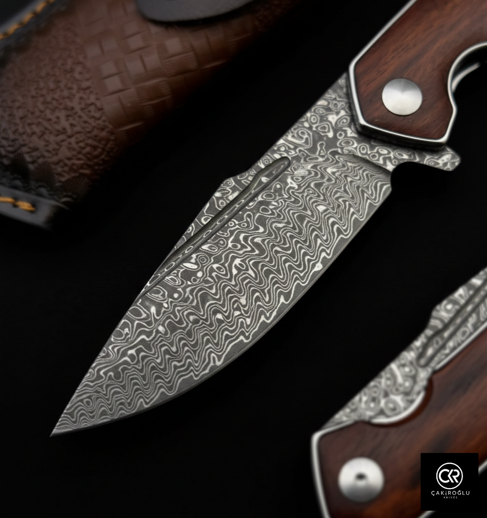 Damascus Steel Folding Knife with Cocobolo Handle
