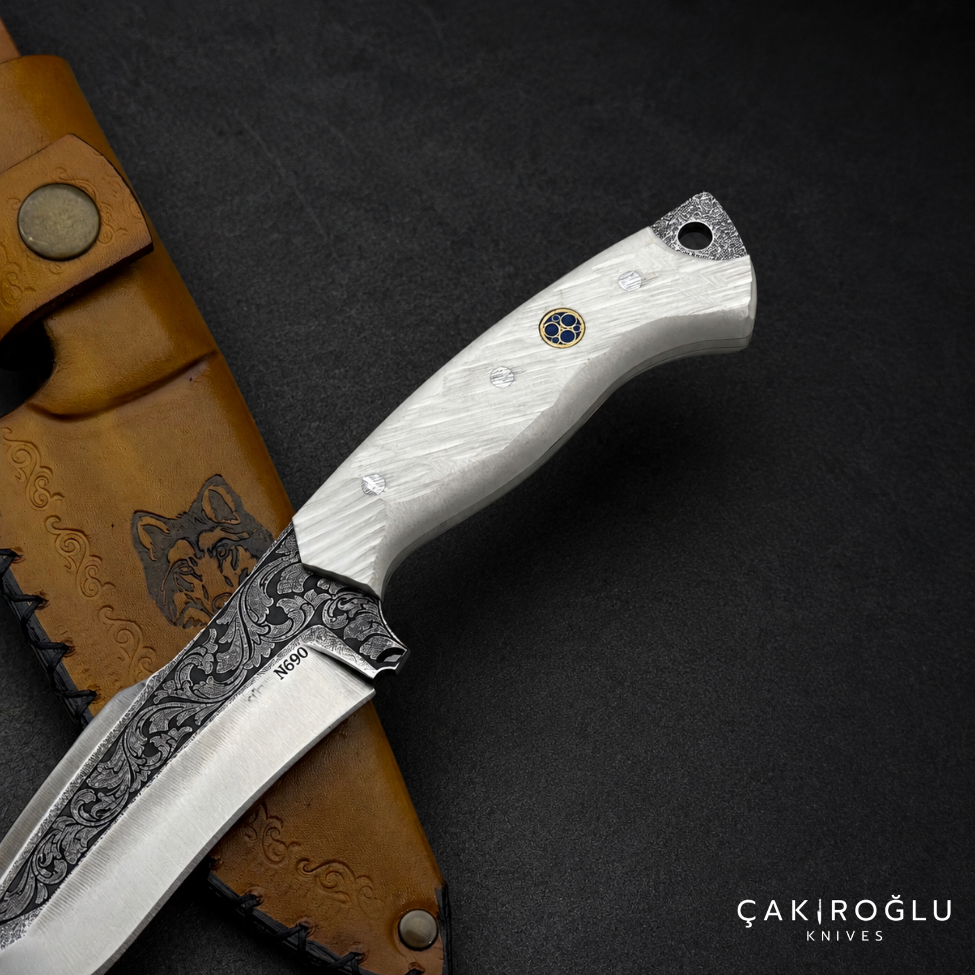 Custom Handmade Engraved N690 Hunting Knife with Sheath