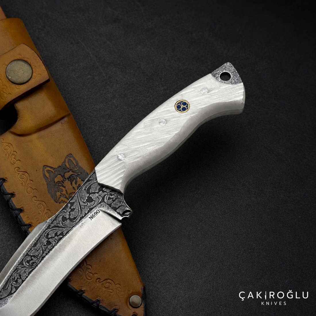 Custom Handmade Engraved N690 Hunting Knife with Sheath