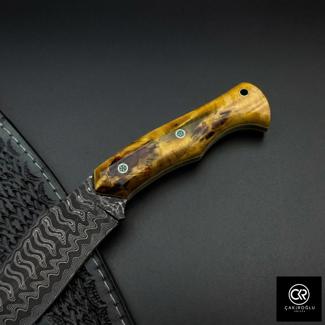 Çakıroğlu Handmade Custom-made Damascus Steel & Stabilized Maple Wood Handle Hunting Knife