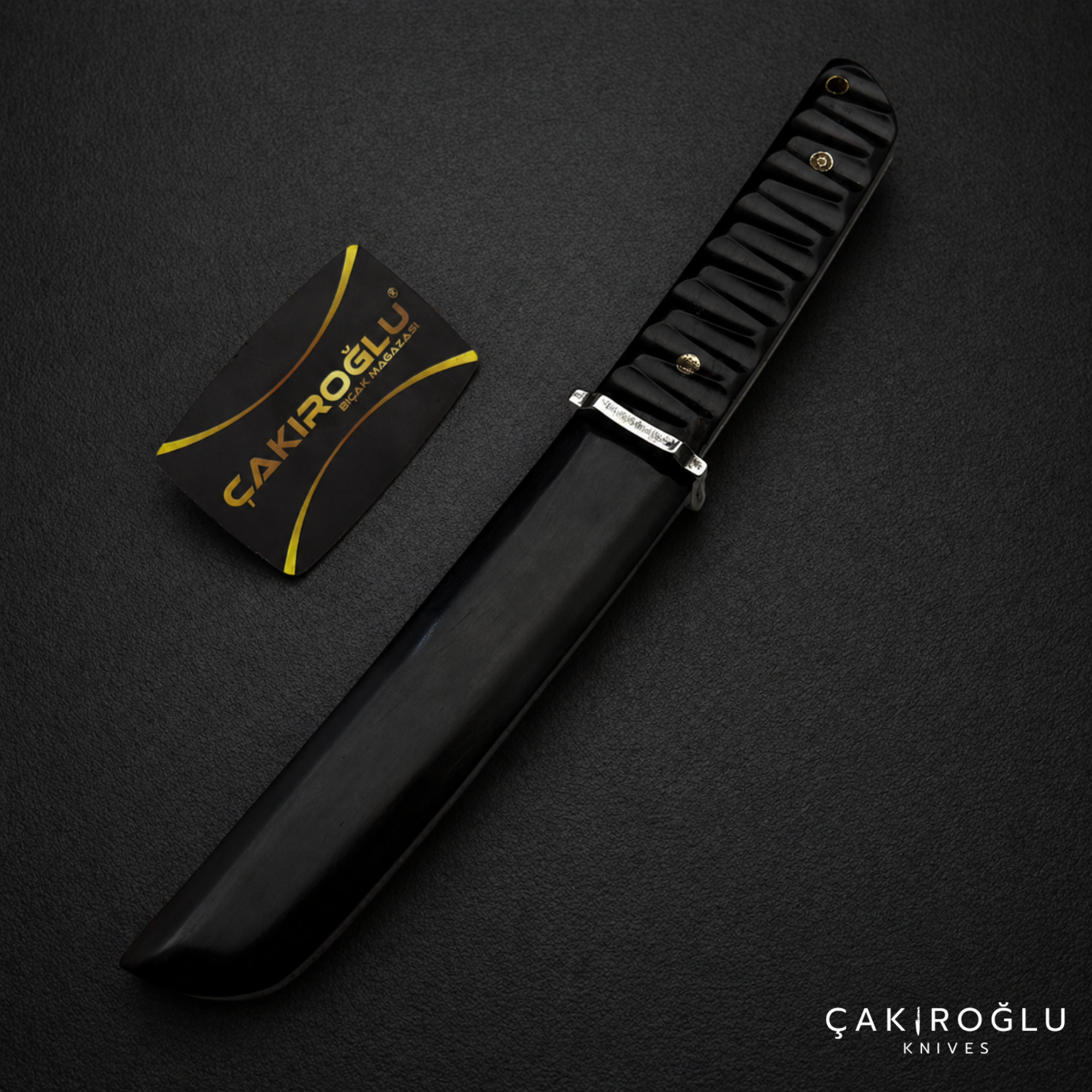 Damascus Tanto Knife - Black Wooden Sheath, Compact Handle