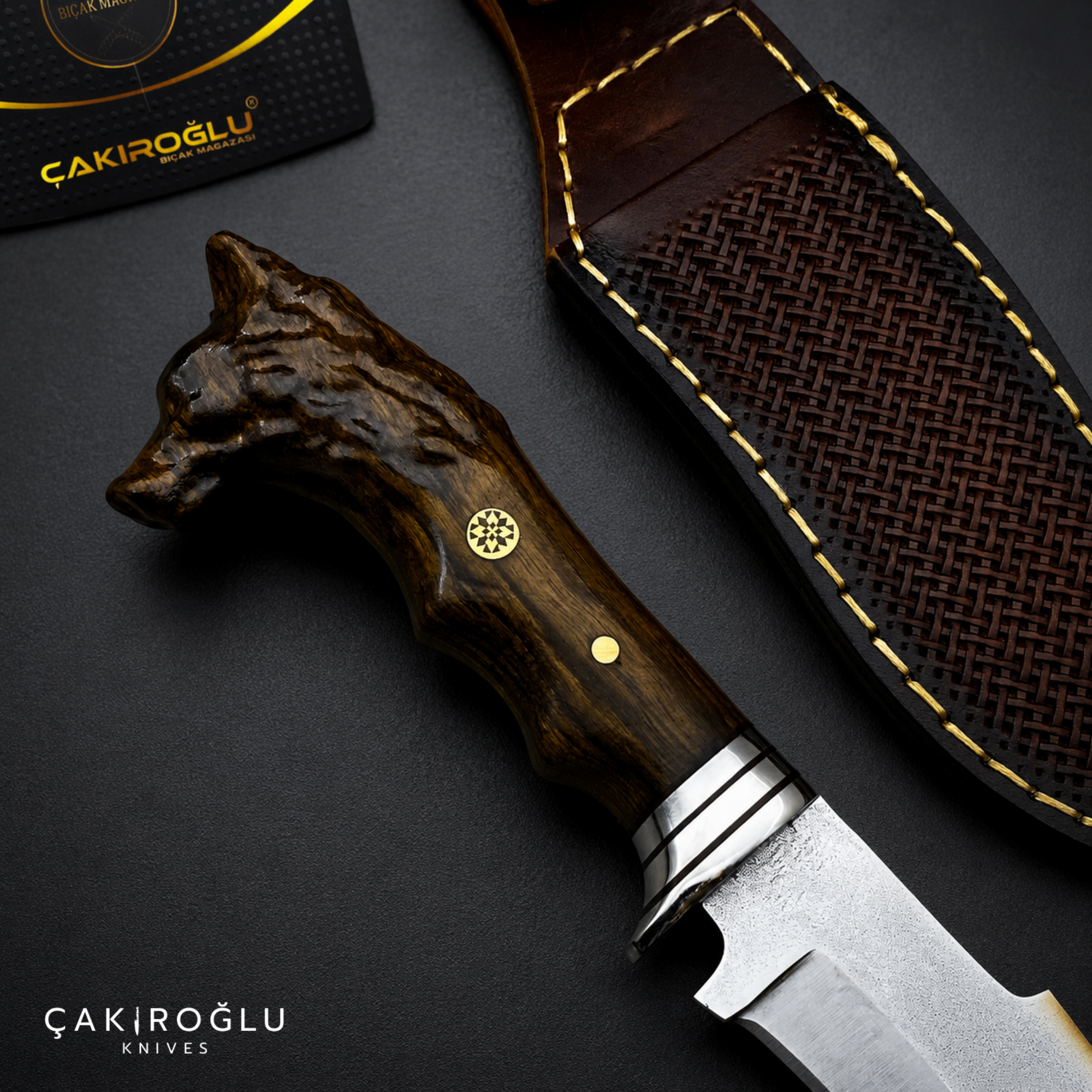 Wolf Head Custom Handmade Hunting Knife, Leather Sheath, 4116 Stainless Steel