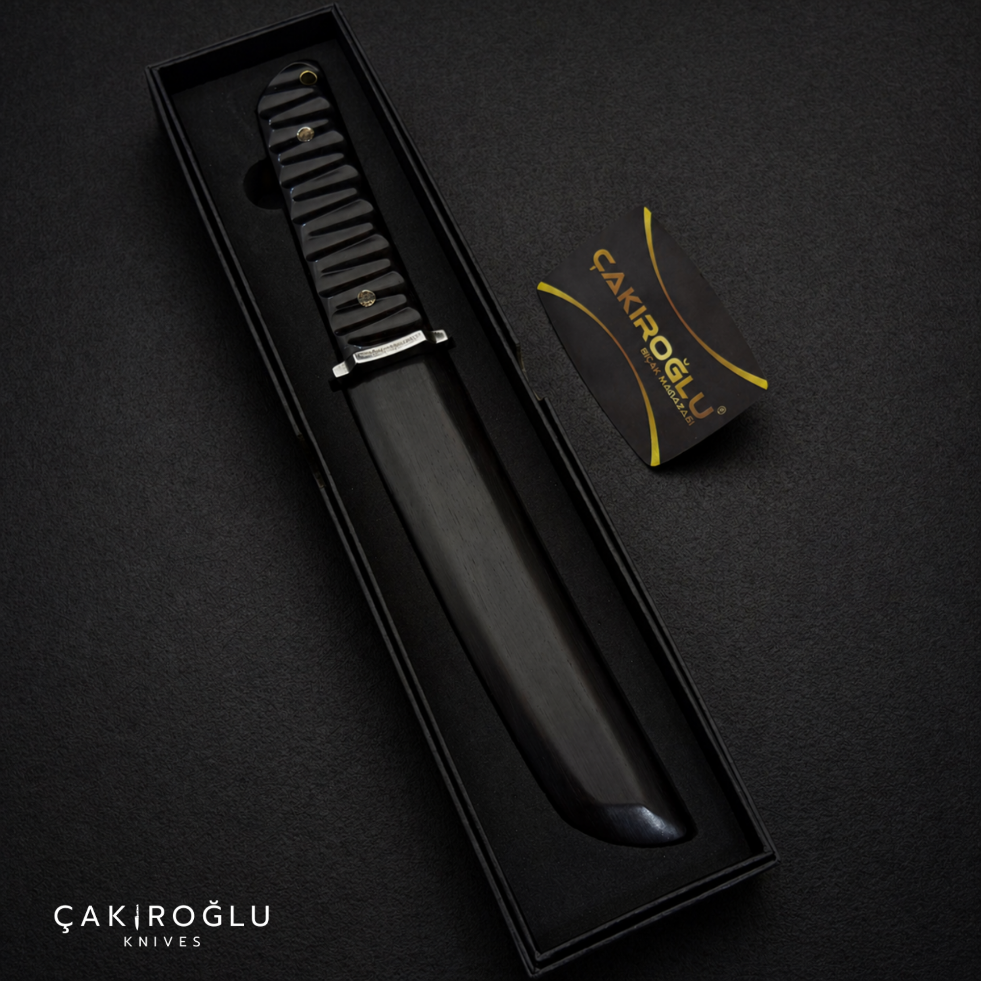 Damascus Tanto Knife - Black Wooden Sheath, Compact Handle