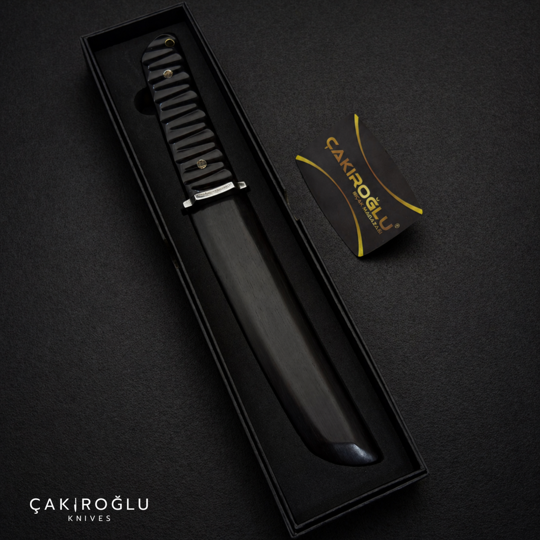 Damascus Tanto Knife - Black Wooden Sheath, Compact Handle