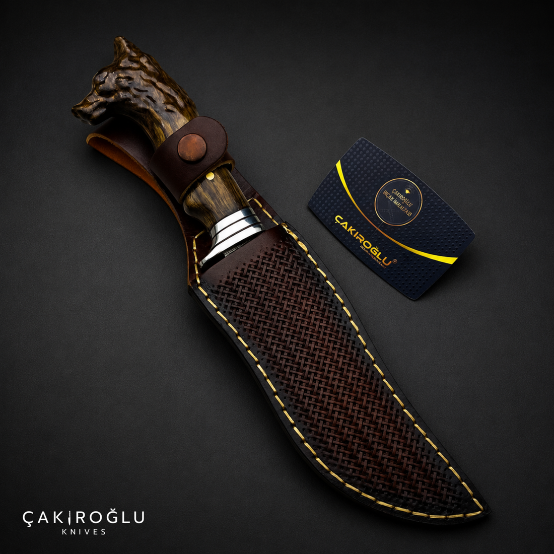 Wolf Head Custom Handmade Hunting Knife, Leather Sheath, 4116 Stainless Steel