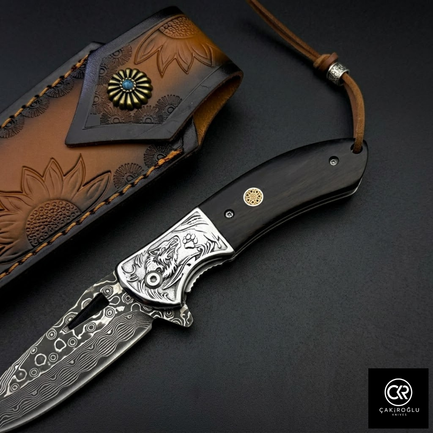 Damascus Steel Folding Knife with Wenge Handle