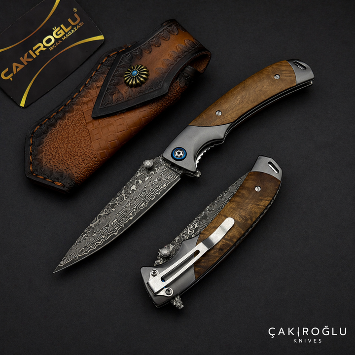 Damascus Steel Pocket Folding Knife - Walnut Handle