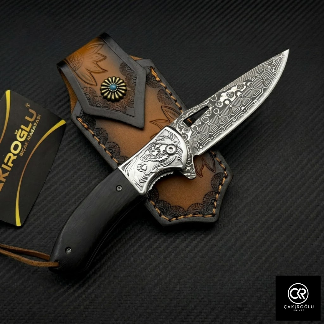 Damascus Steel Folding Knife with Wenge Handle