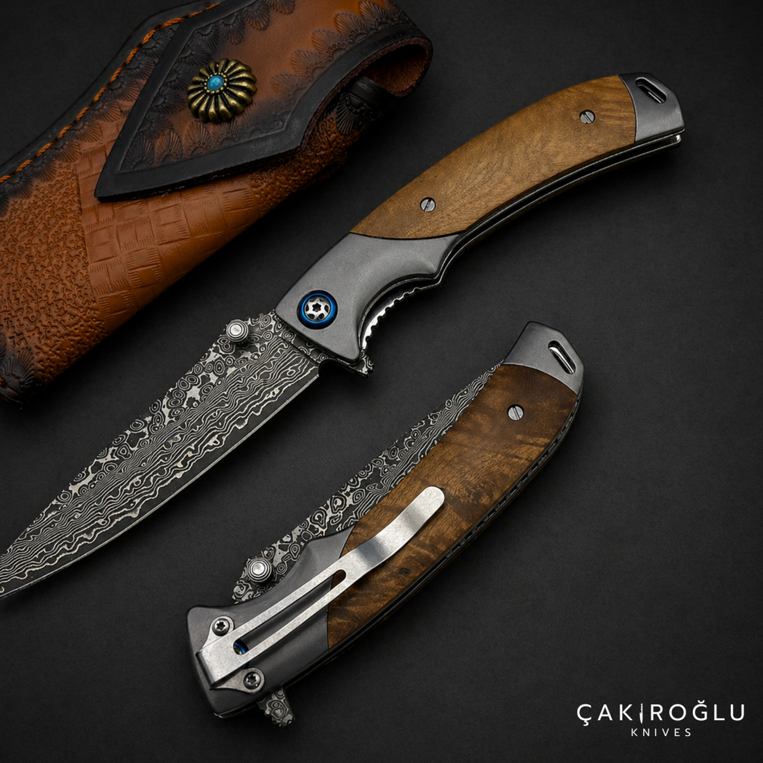 Damascus Steel Pocket Folding Knife - Walnut Handle