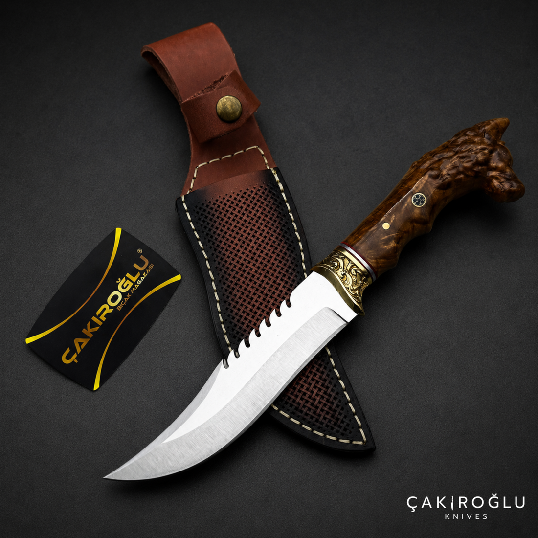 Wolf Head Custom Handmade Hunting Knife with Sheath, 4116 Stainless Steel