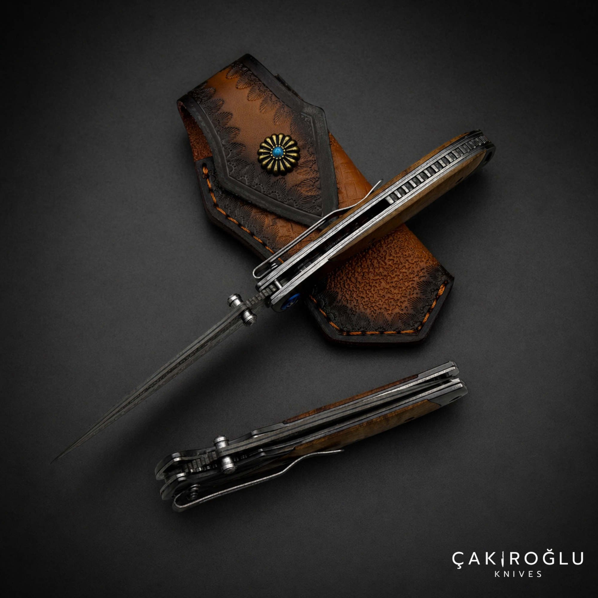 Damascus Steel Pocket Folding Knife - Walnut Handle