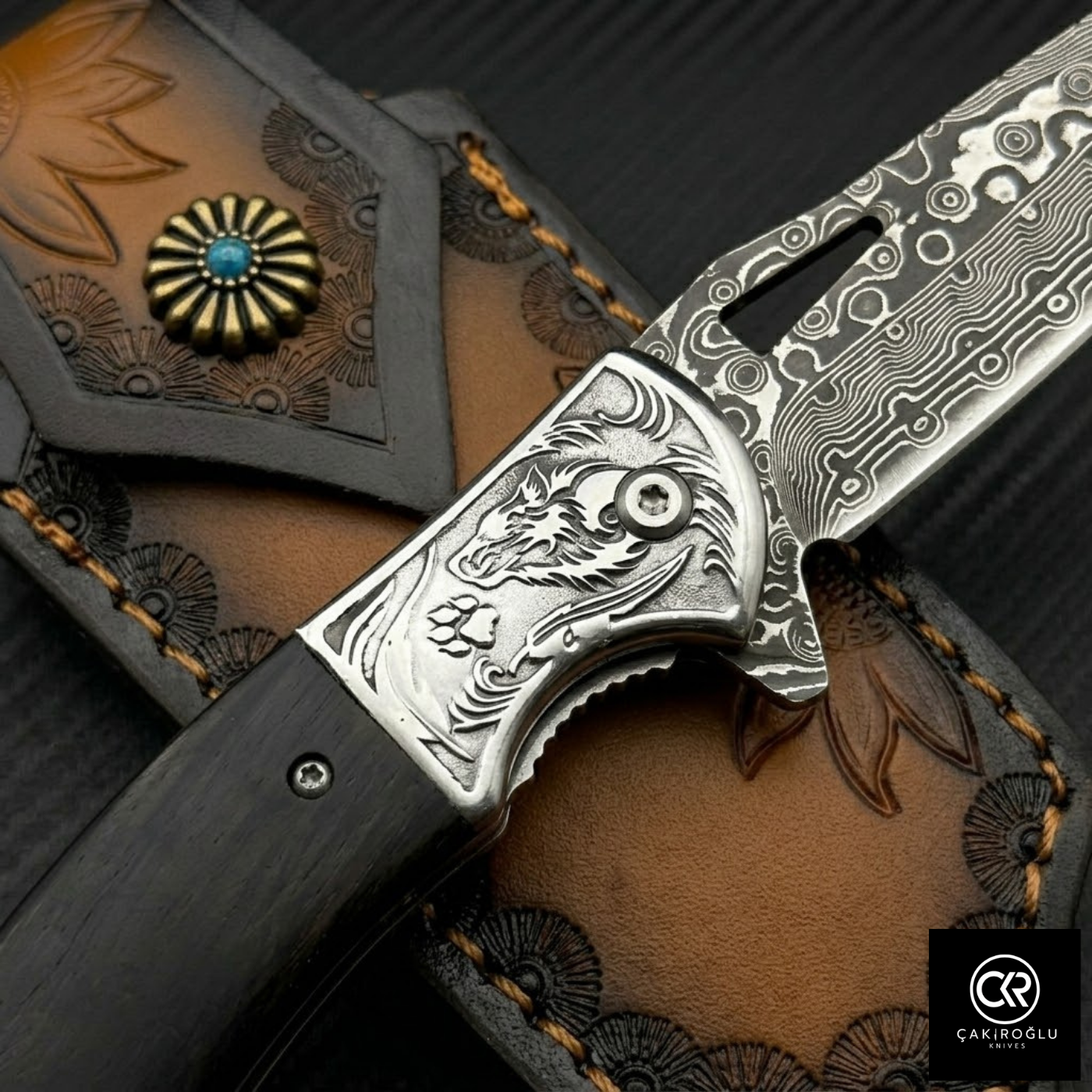 Damascus Steel Folding Knife with Wenge Handle