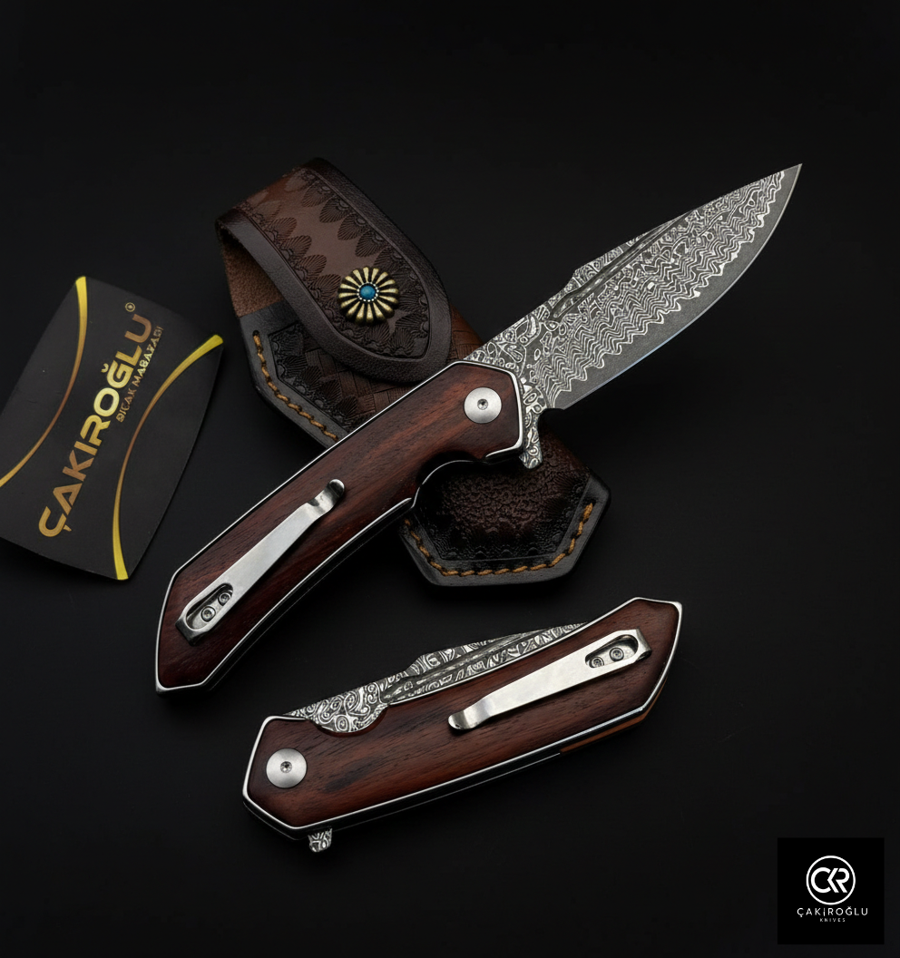 Damascus Steel Folding Knife with Cocobolo Handle