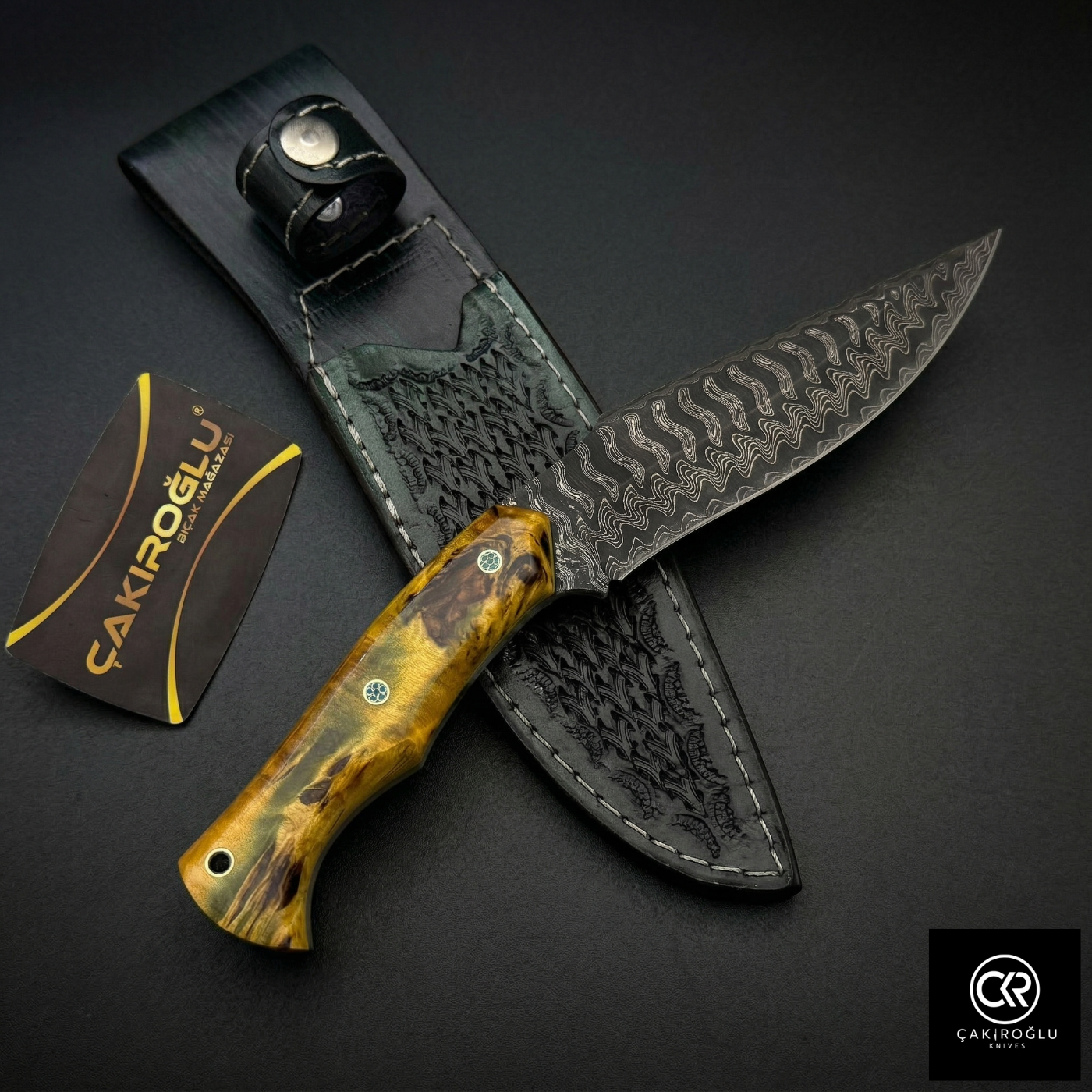Çakıroğlu Handmade Custom-made Damascus Steel & Stabilized Maple Wood Handle Hunting Knife
