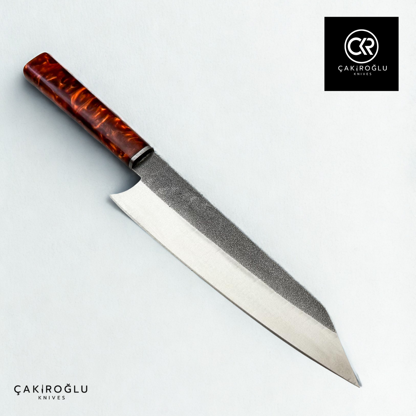 Santoku Model Handcrafted Chef Knife - N690 Böhler Steel & Epoxy Amber Handle