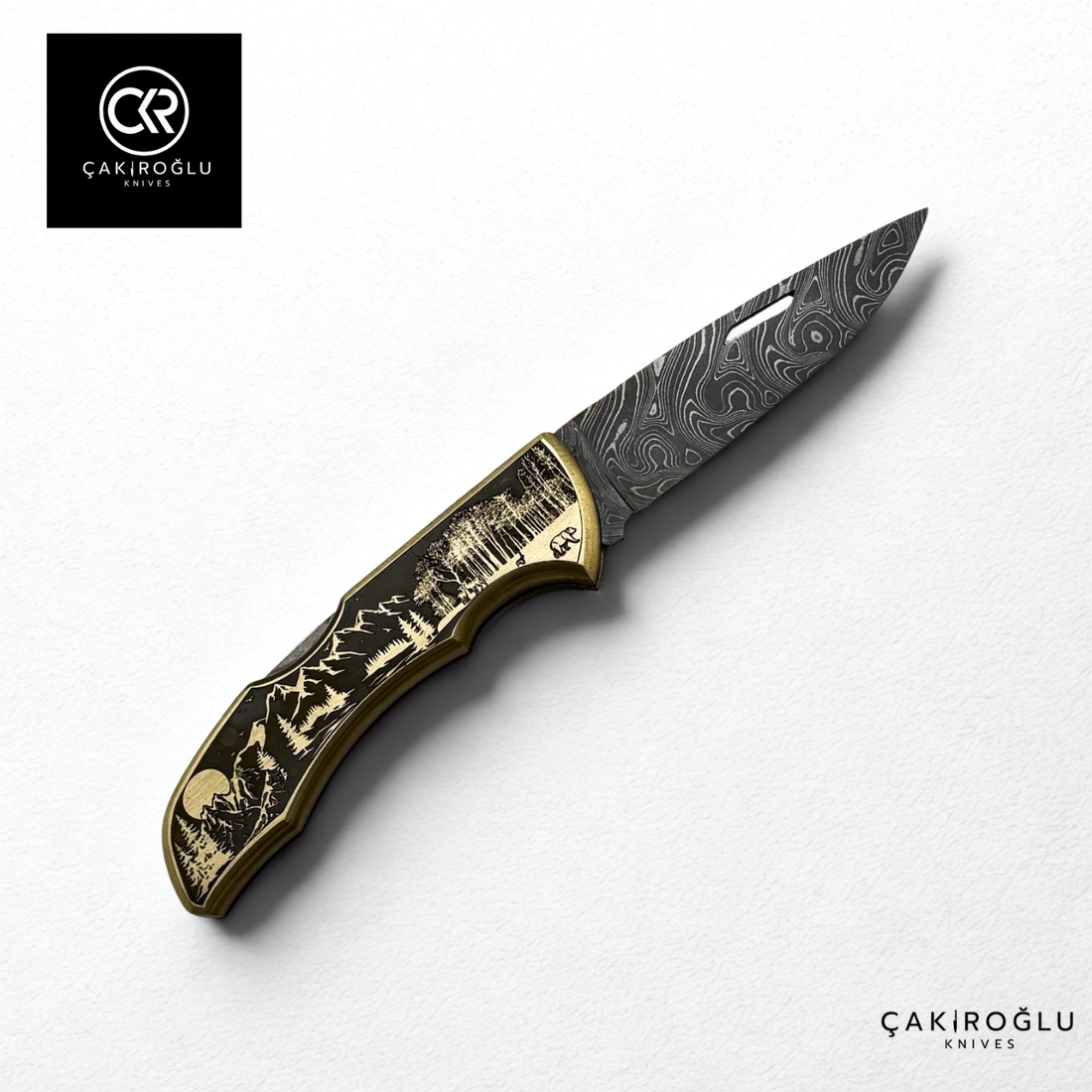 Showy Limited Edition Medium Size Handcrafted Custom-made Folding Collectible Knife - Damascus Steel & Engraved Brass Handle
