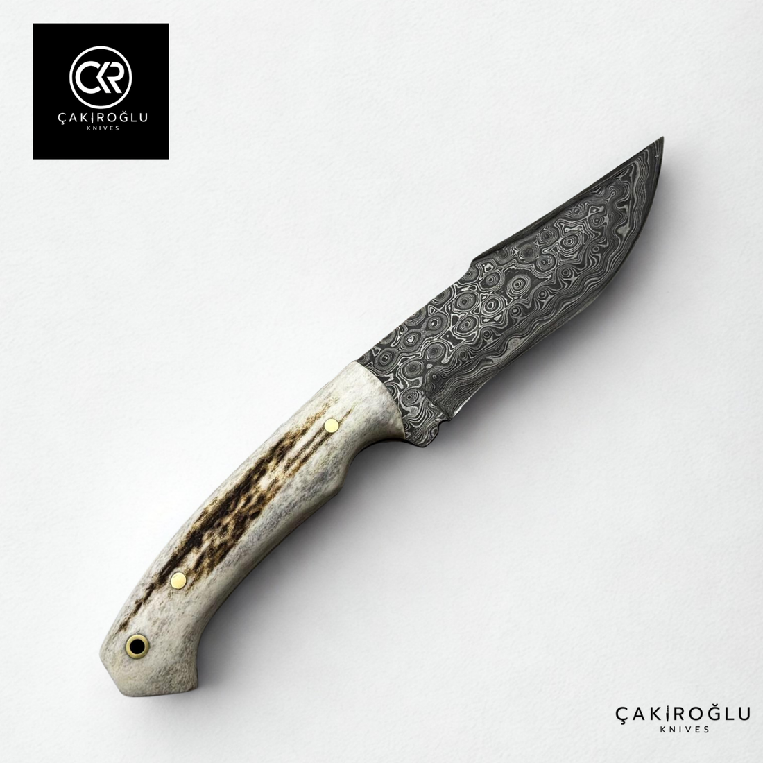Handcrafted Custom-made Damascus Steel & Deer Antler Handle Hunting Knife