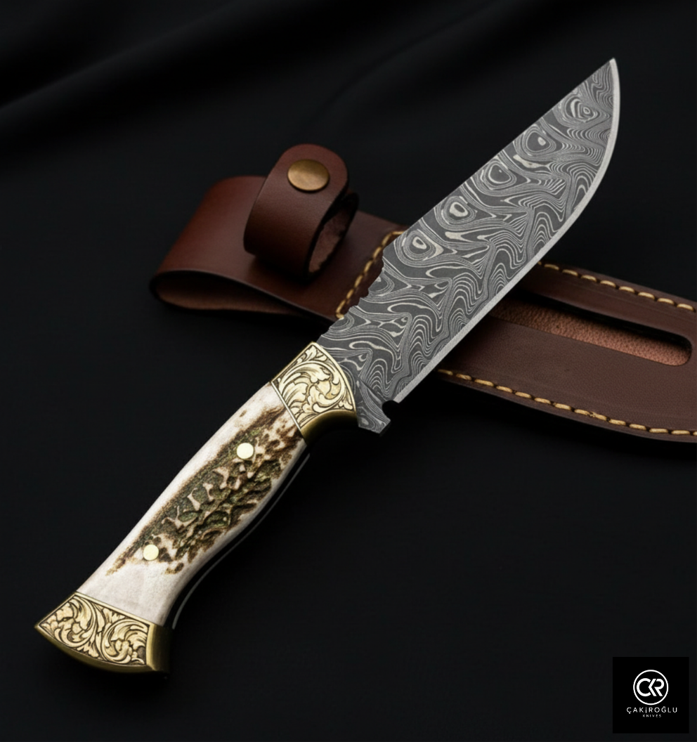 Handcrafted Custom-made Damascus Steel Hunting Knife - Deer Antler Handle & Brass Apron