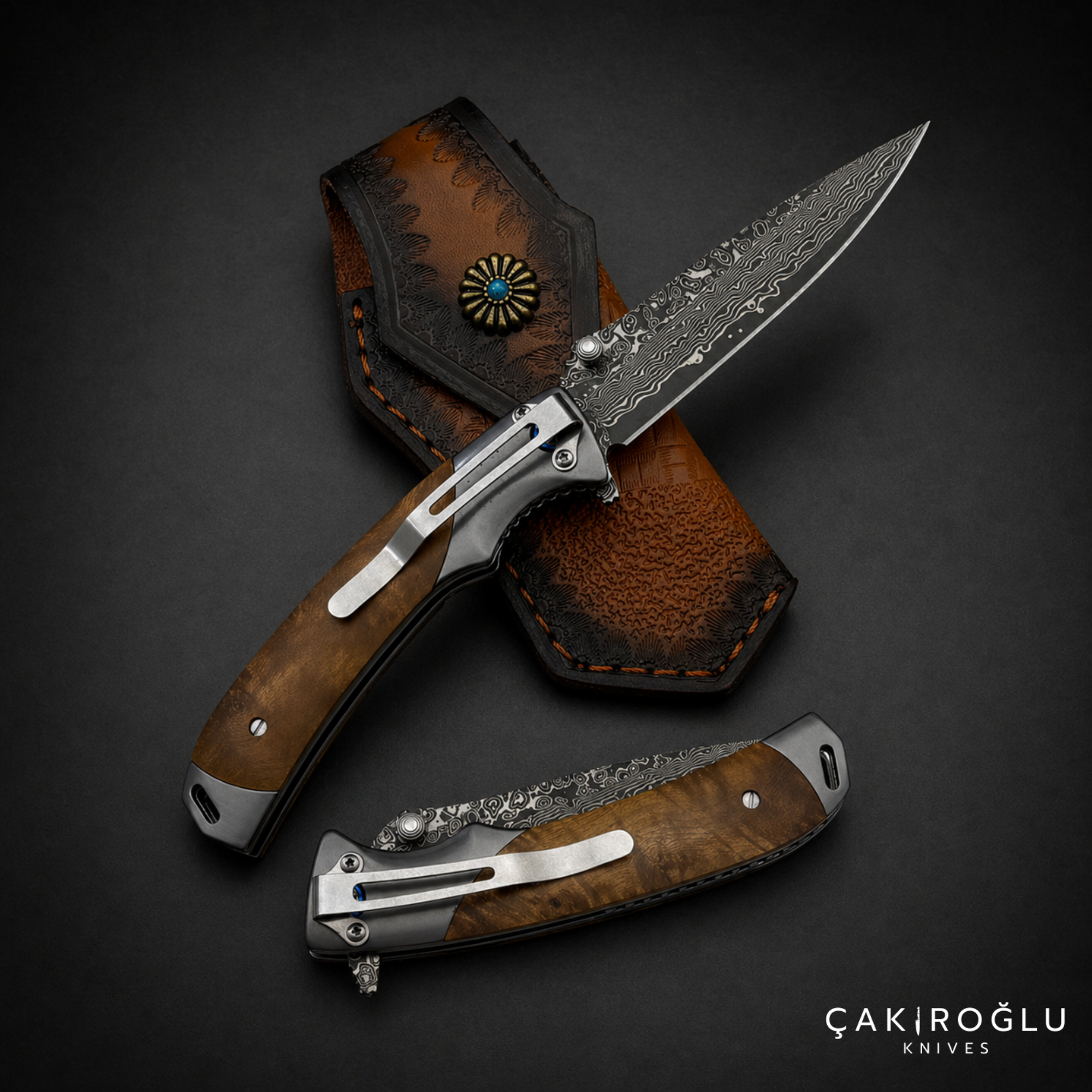 Damascus Steel Pocket Folding Knife - Walnut Handle