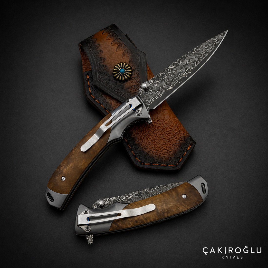 Damascus Steel Pocket Folding Knife - Walnut Handle